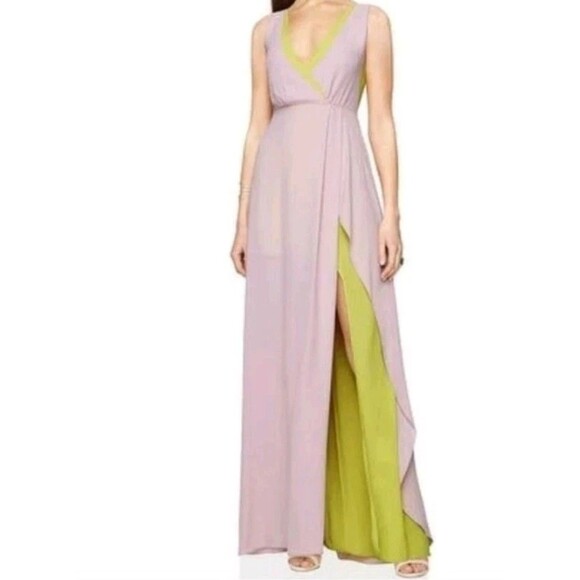 BCBG MAXAZRIA SIZE 0 SAGE / PINK COLOR BLOCKFRONT SLIT RUFFLE GOWN / MAXI DRESS